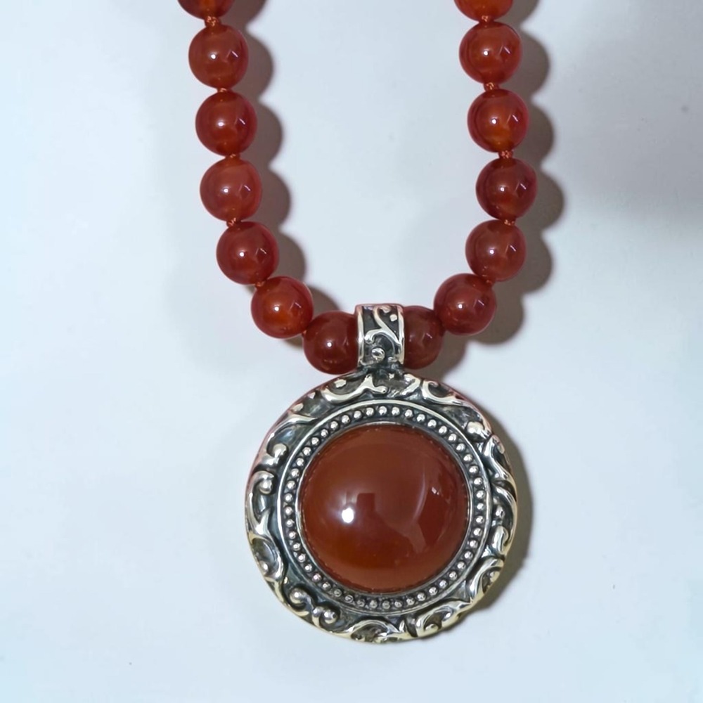 Vtg 925 Scroll Design Sterling Silver Carnelian Pendant Beaded Necklace 18"
